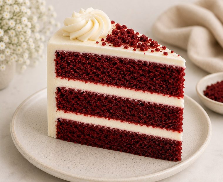 A slice of Red Velvet cake with cream cheese frosting