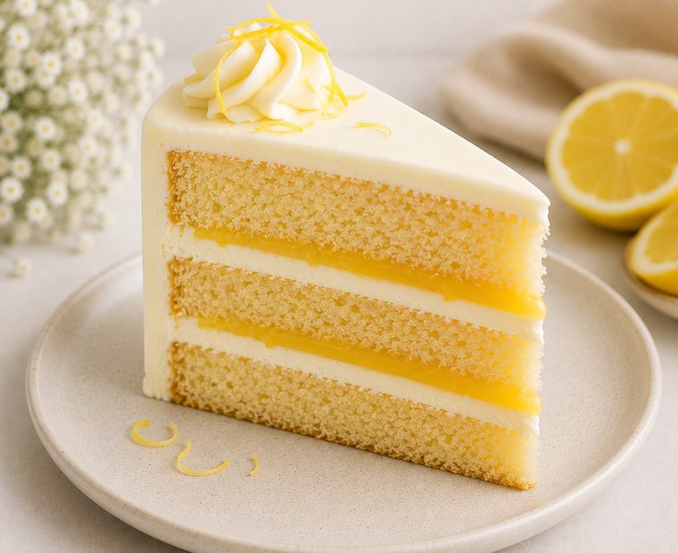 A slice of Lemon Curd cake with lemon zest