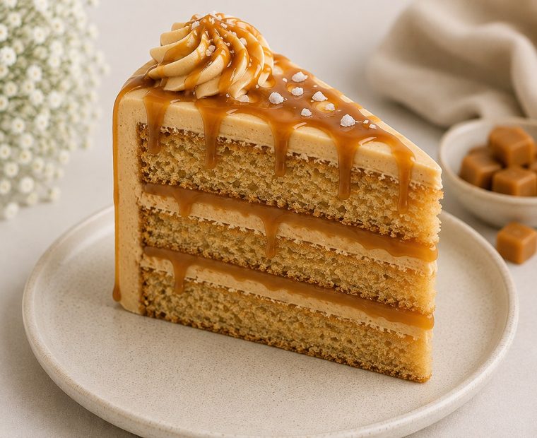 A slice of Salted Caramel cake with caramel drizzle