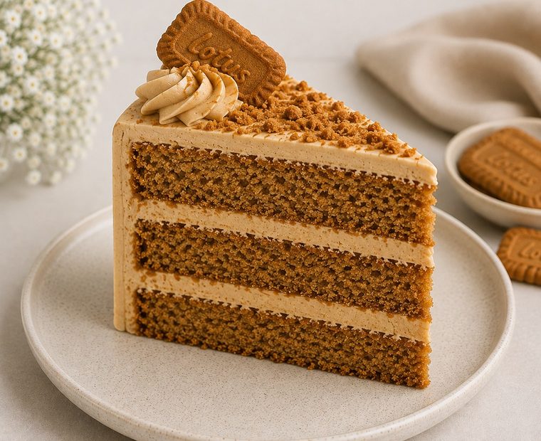 A slice of Biscoff cake with Biscoff biscuit topping