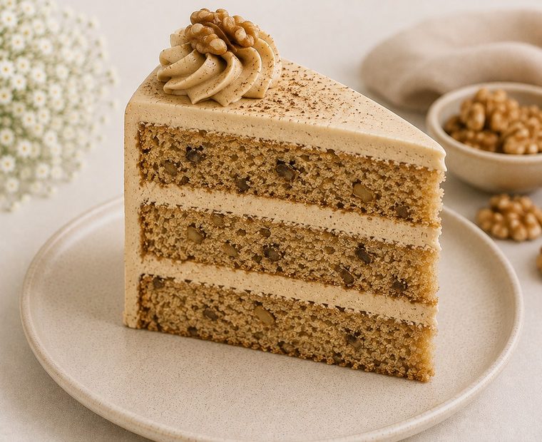 A slice of Coffee and Walnut cake with a walnut topping