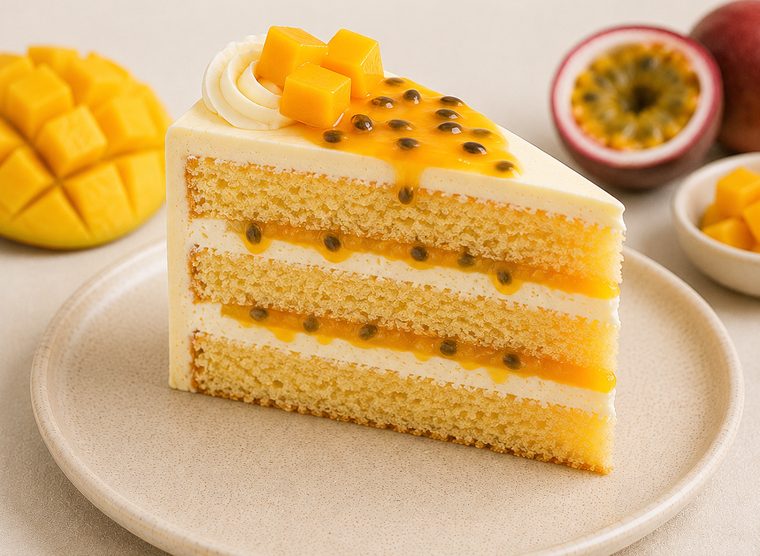 A slice of Mango & Passionfruit cake with tropical mango and passionfruit compote