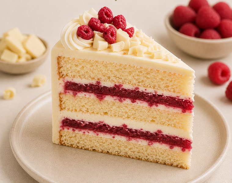A slice of White Chocolate and Raspberry cake