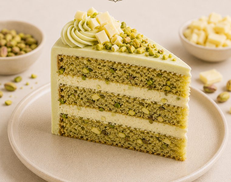 A slice of Pistachio & White Chocolate cake with pistachio cream