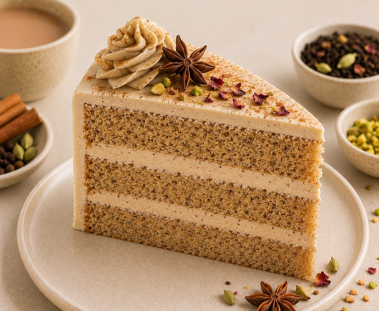 A slice of Chai cake with masala fresh cream