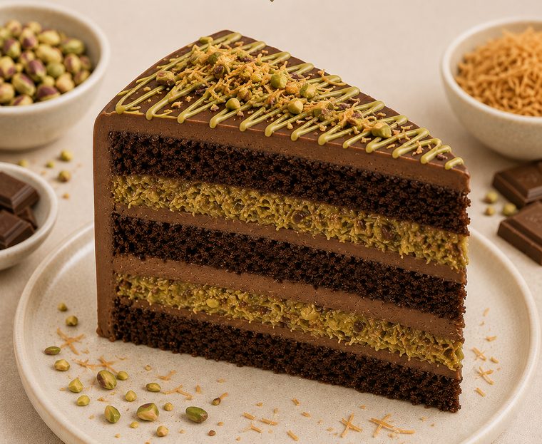 A slice of Dubai Chocolate cake