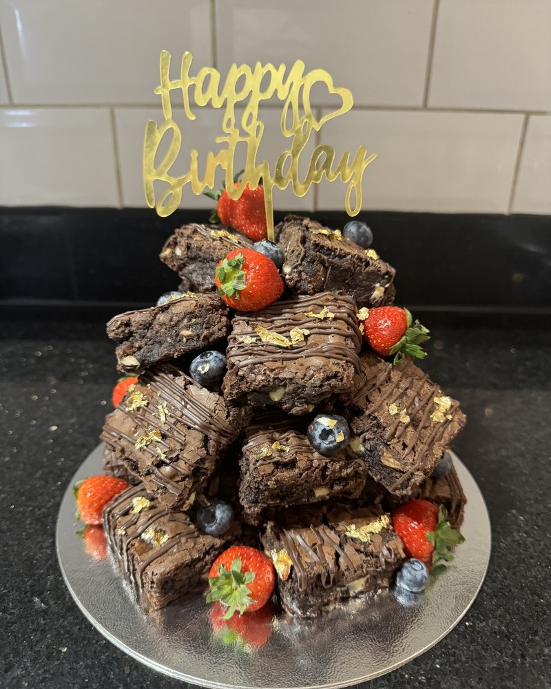 Brownie birthday tower with berries